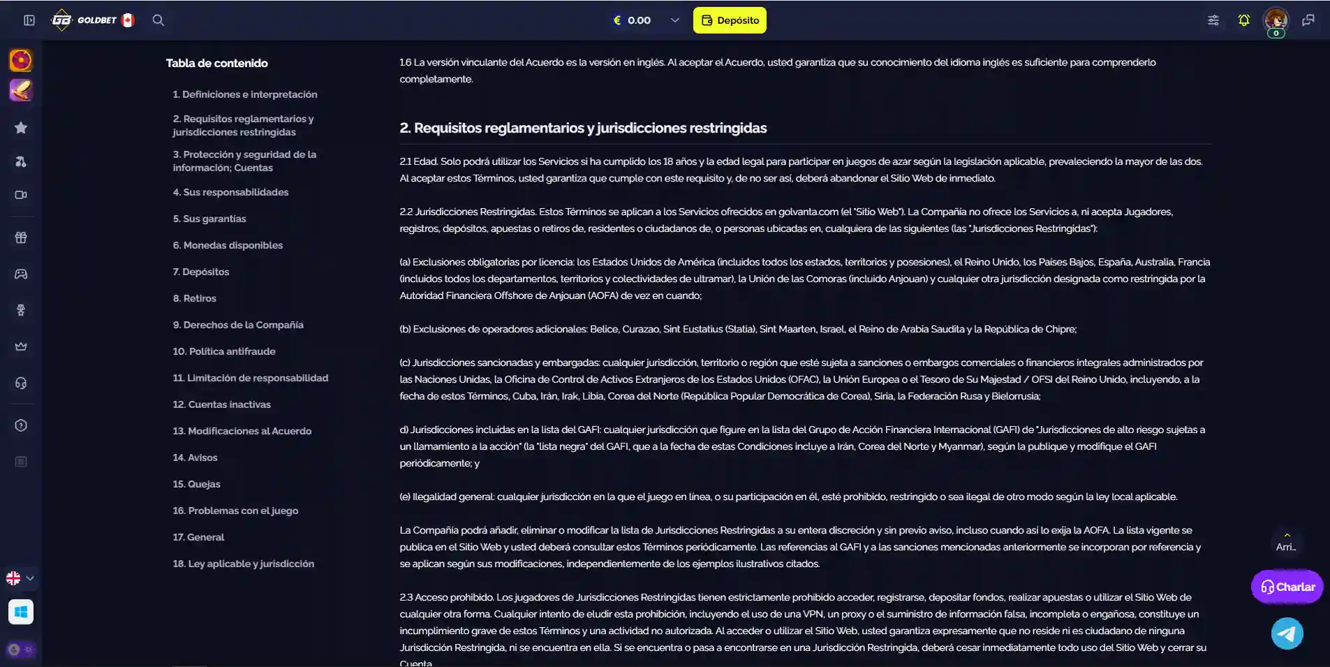 Términos oficiales de Goldbet donde España aparece como jurisdicción restringida